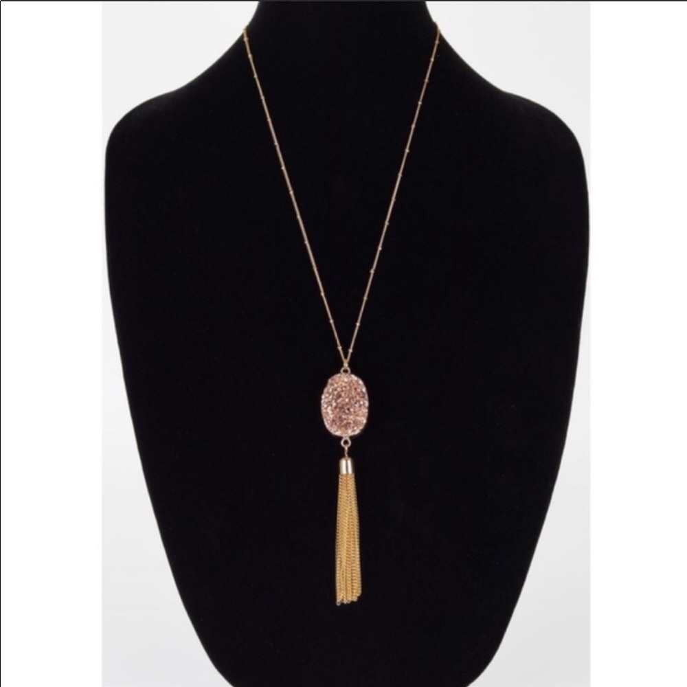 Druzy pendant necklace gold Tassel long chain - Picture 3 of 7